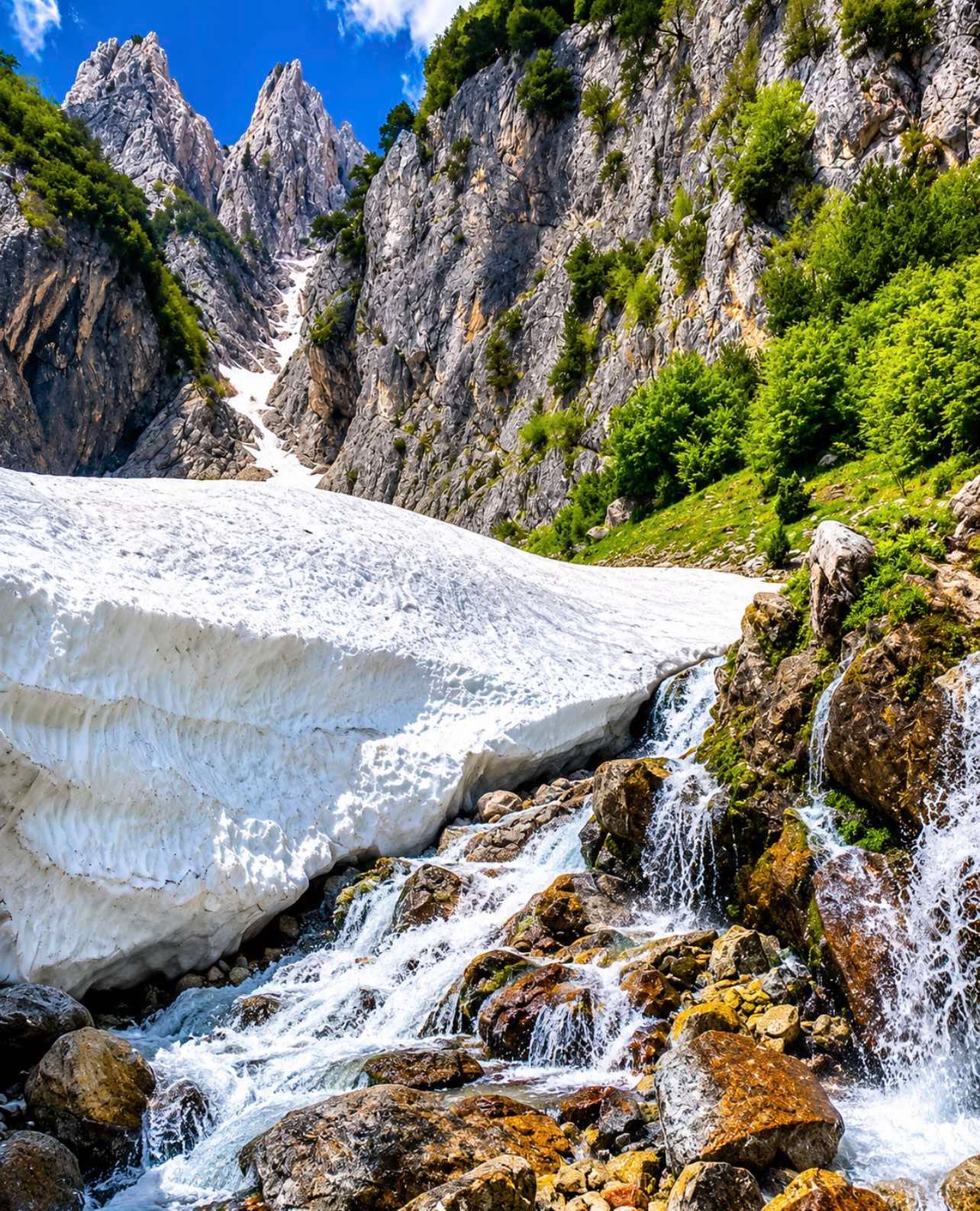 Dëbora e verës dhe ujëvara mes shkëmbinjve të Vranës